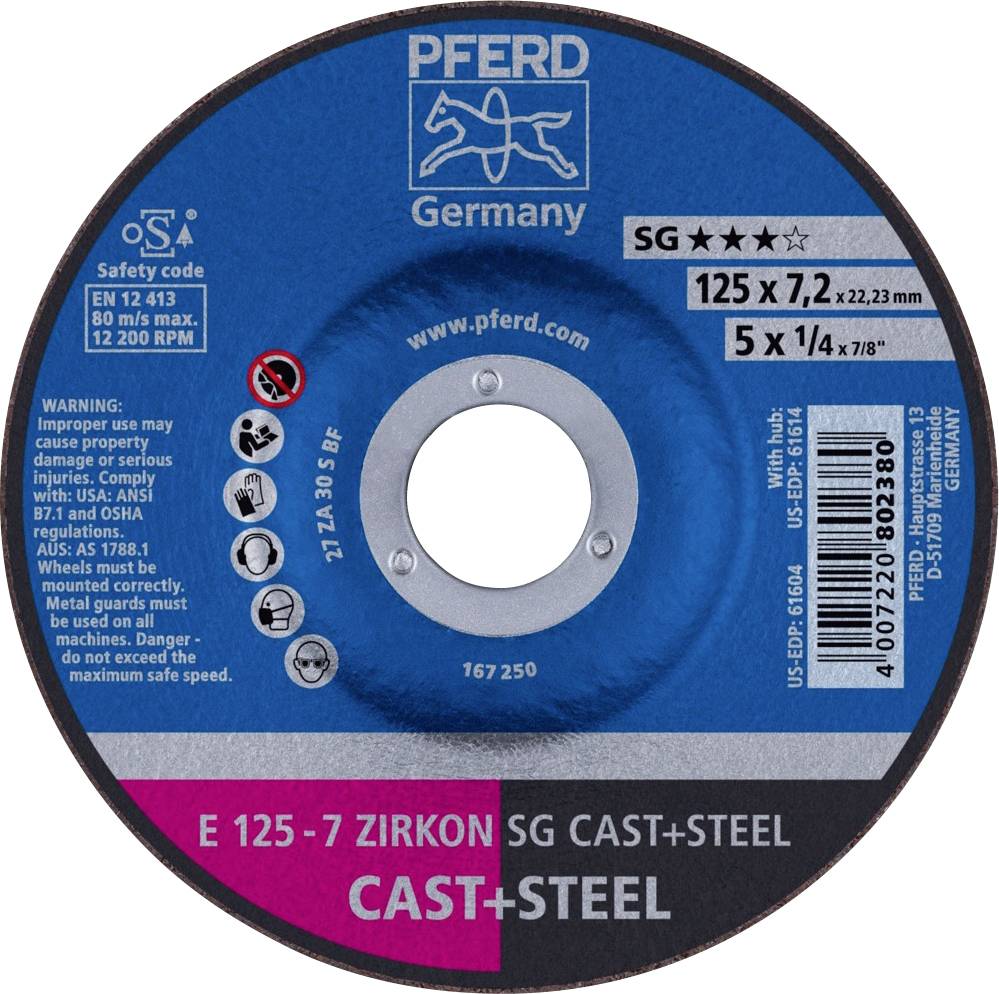 PFERD 62212747 E 125-7 ZIRKON SG CAST+STEEL Disque à ébarber à moyeu déporté Diamètre 125 mm Ø de perçage 22.23 mm Fonte grise/ à