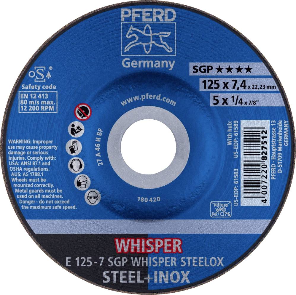 Disque à meuler 'Pferd Germany', bleu. Inscrit avec 'Whisper E 125-7 SGP Whisper Steelox Acier+Inox'. Contient des informations de sécurité et sur le produit.