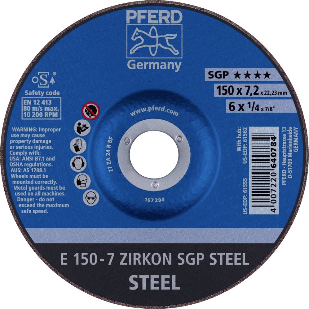 PFERD 62215326 E 150-7 ZIRKON SGP STEEL Disque à ébarber à moyeu déporté Diamètre 150 mm Ø de perçage 22.23 mm acier 10 pc(s)