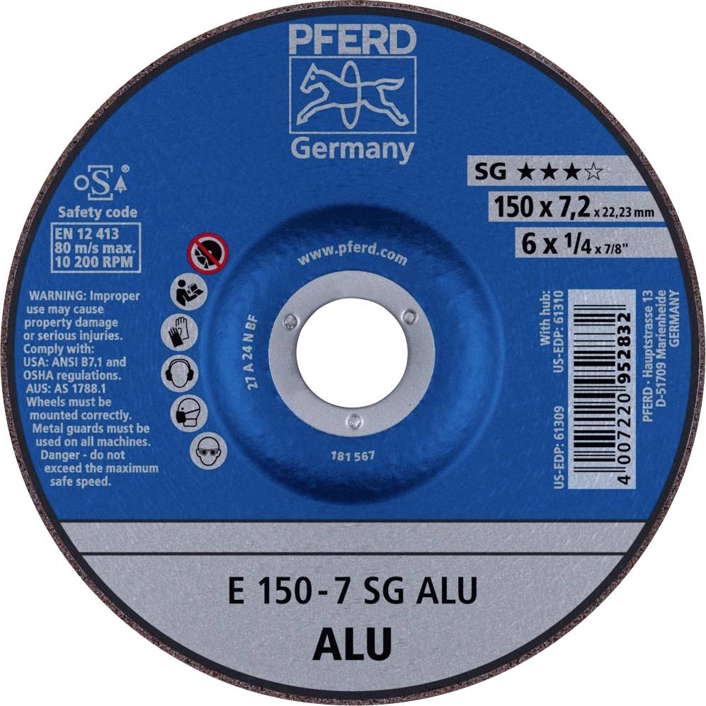 Disque abrasif bleu portant l'inscription : « PFERD Germany », avec avertissements de sécurité, dimensions 150 x 7,2 mm ; adapté pour l'aluminium.