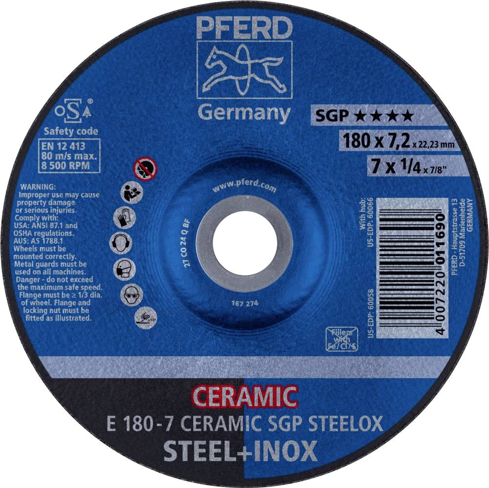 Étiquette bleue de disque à meuler avec logo de cheval Germany. Texte : 'Ceramic SGP Steelox', 'Steel+Inox', Dimensions : 180 x 7,2 x 22,23 mm.