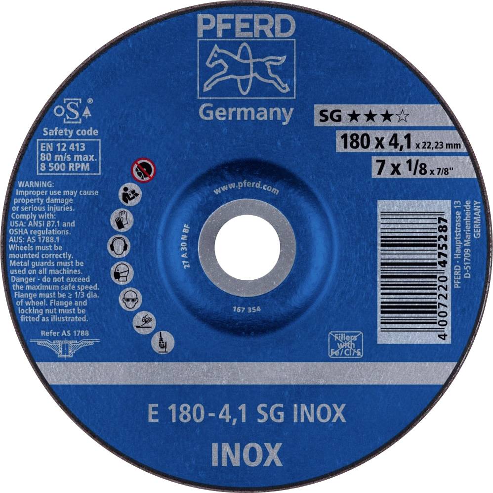 Étiquette de meulage coulissante de 'PFERD', bleue, contenant des informations de sécurité, type de produit 'E 180-4,1 SG INOX', et spécifications techniques.
