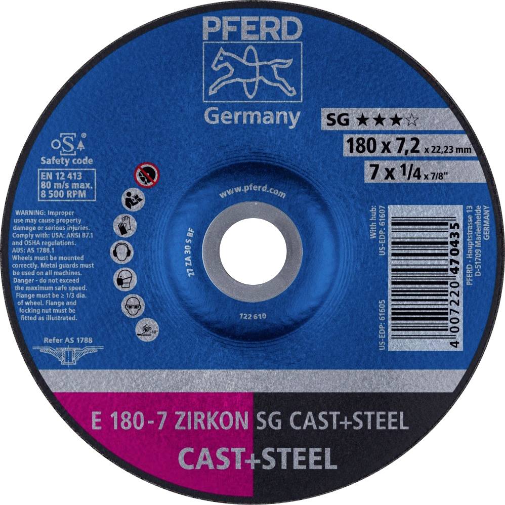 PFERD 62217628 E 180-7 ZIRKON SG CAST+STEEL Disque à ébarber à moyeu déporté Diamètre 180 mm Ø de perçage 22.23 mm Fonte grise/ à