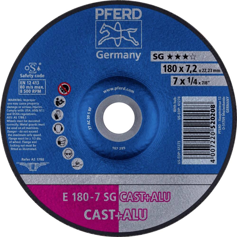 Disque à tronçonner bleu-noir portant l'inscription 'PFERD Germany', diamètre 180 mm, adapté pour la fonte et l'aluminium.