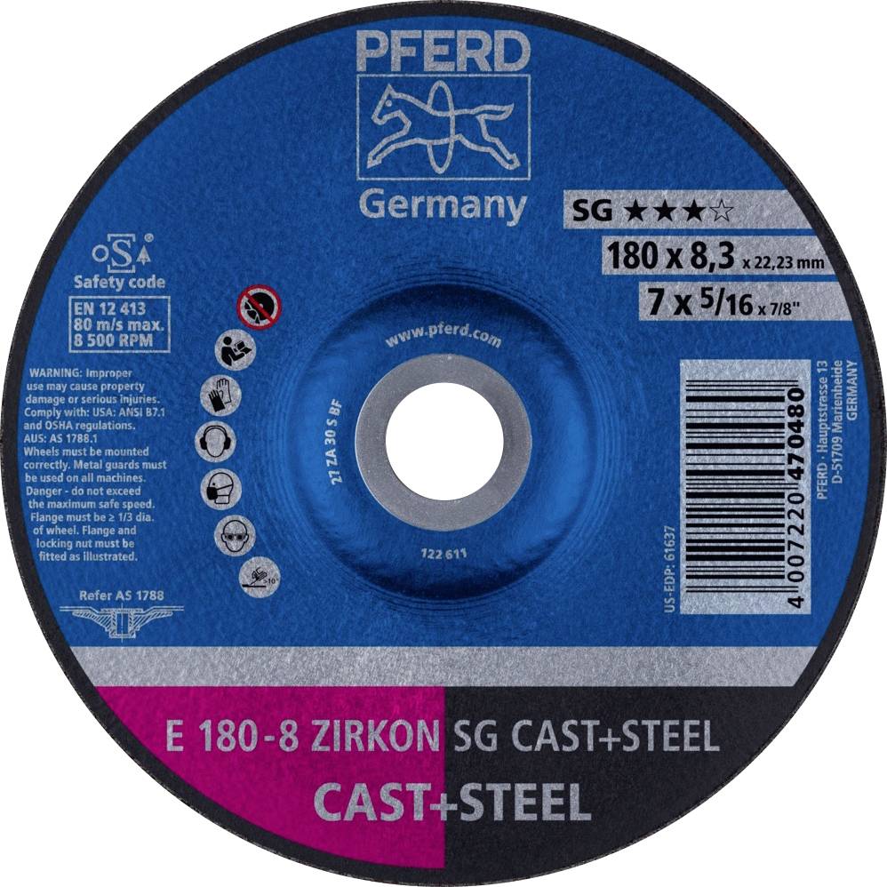 PFERD 62217837 E 180-8 ZIRKON SG CAST+STEEL Disque à ébarber à moyeu déporté Diamètre 180 mm Ø de perçage 22.23 mm Fonte grise/ à