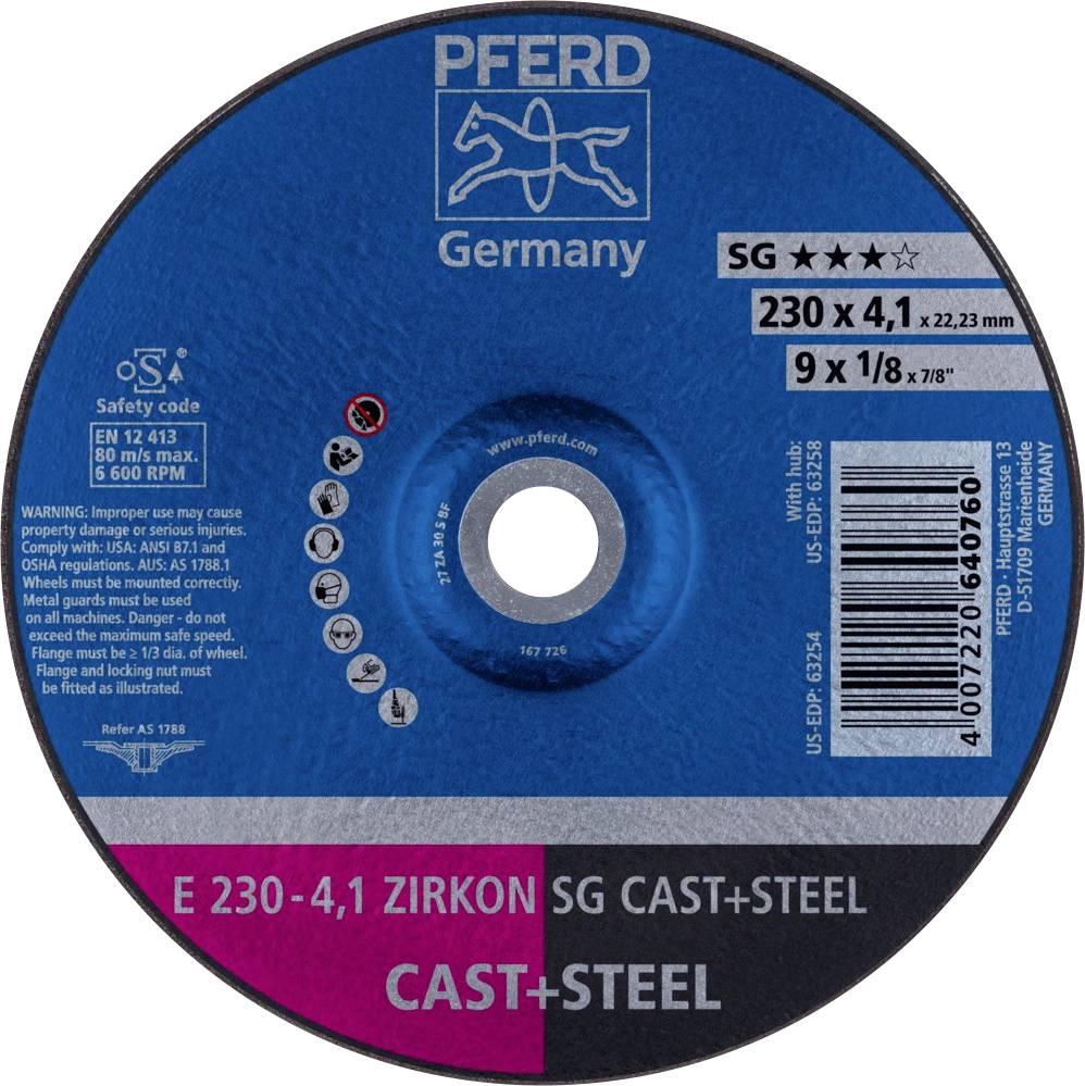 Disque à meuler à surface bleue. Texte : 'PFERD France', '230x4,1x22,23 mm', 'FONTE+ACIER', Avertissements et caractéristiques techniques.