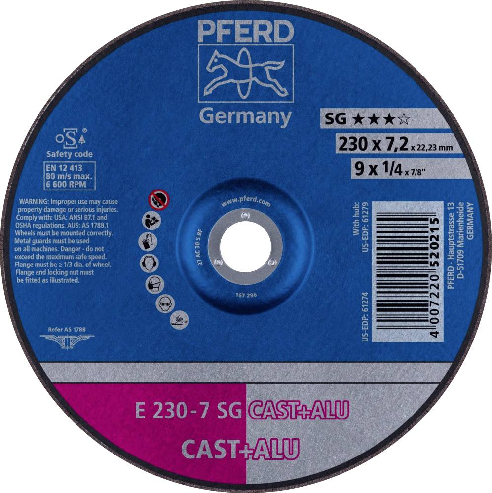 PFERD 62223681 E 230-7 SG CAST+ALU Disque à ébarber à moyeu déporté Diamètre 230 mm Ø de perçage 22.23 mm Alliage d'aluminium