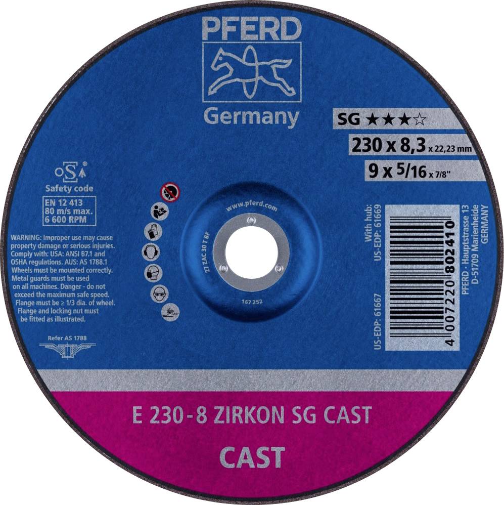 Disque à meuler de Pferd, modèle E 230-8 Zircon SG Cast, diamètre 230 mm, max. 6600 tr/min, certifié OSA, adapté pour la fonte.