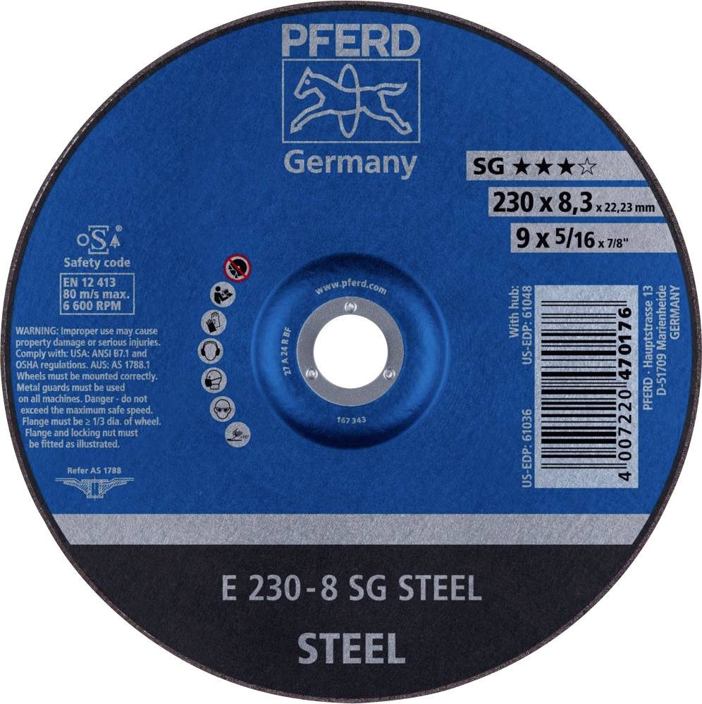 Disque de tronçonnage avec inscription : SG ★★★, 230 x 8,3 x 22,23 mm, max. 6 600 tr/min. E 230-8 SG ACIER. Fabricant : PFERD Germany.