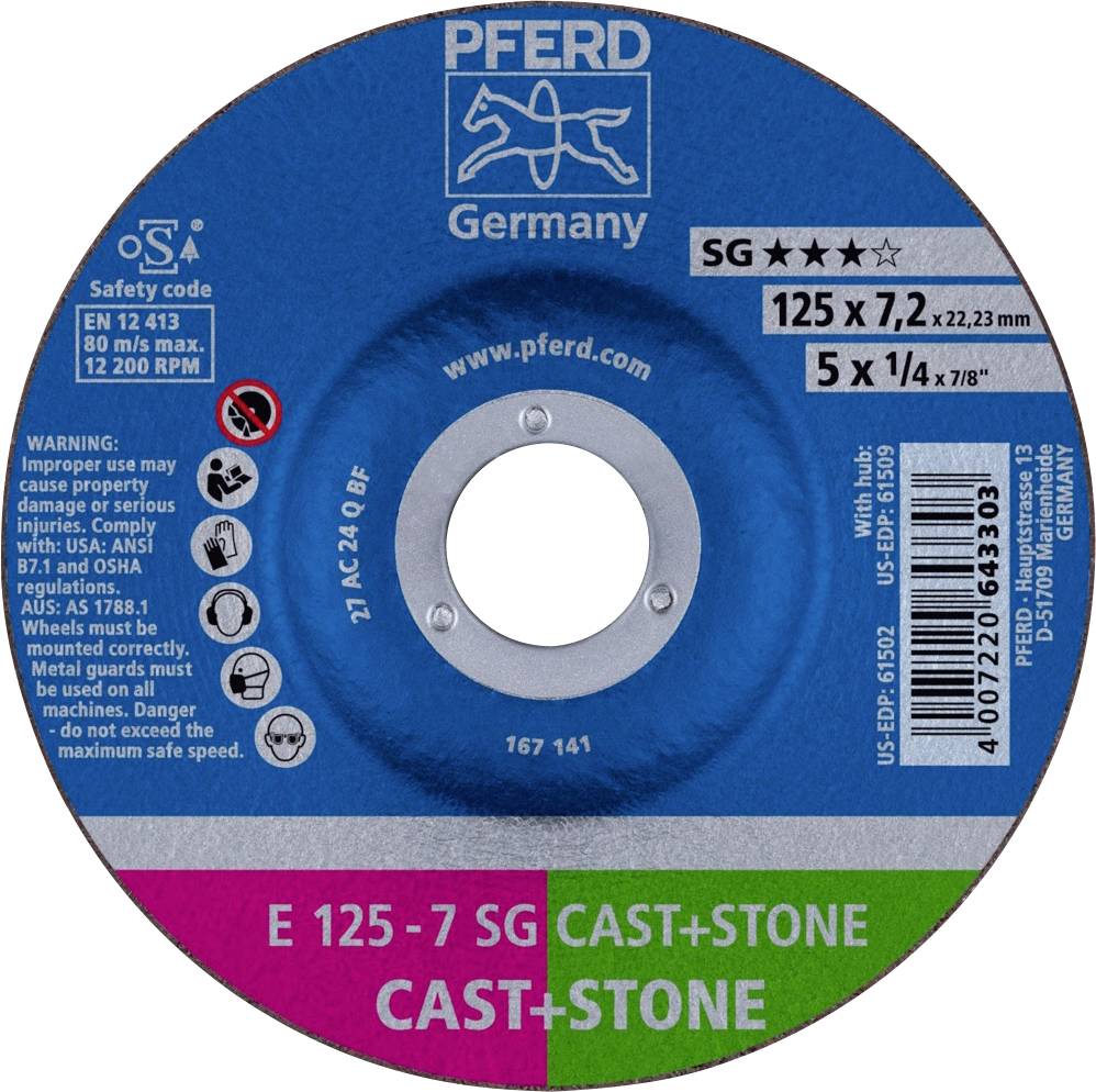 Disque à meuler de PFERD pour le travail de la pierre et des métaux, diamètre 125 mm, vitesse de rotation maximale 12 200 tr/min, consignes de sécurité incluses.