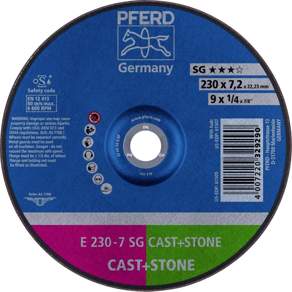 Disque à meuler avec étiquette bleu-vert, marque 'Pferd', diamètre : 230 mm, épaisseur : 7,2 mm, matériau : SG CAST+STONE.