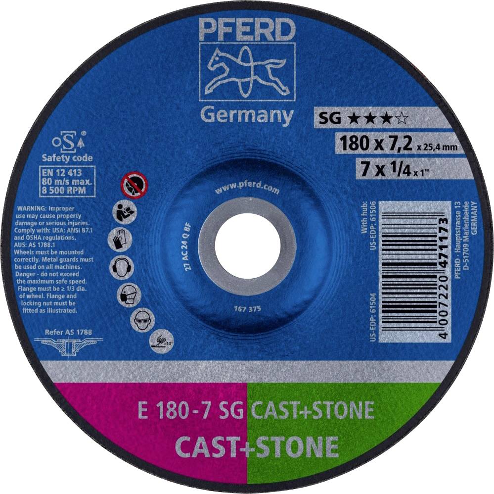 Disque à meuler 'PFERD Germany' avec inscription : 'SG, 180 x 7,2 x 22,23 mm, CAST+STONE'. Informations de sécurité et d'utilisation.