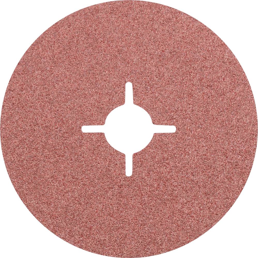 Disque abrasif rond, rouge, avec une fente cruciforme au centre, destiné au ponçage mécanique de surfaces métalliques ou en bois.