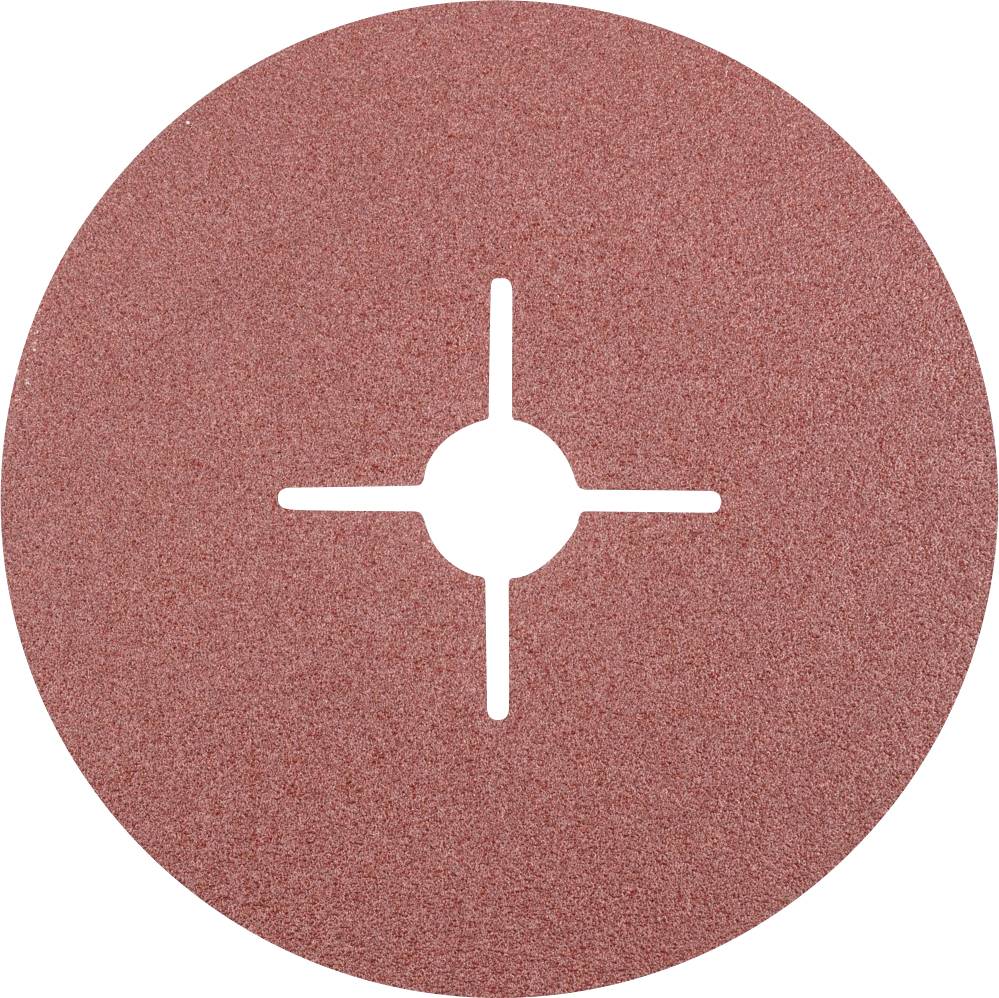 Un disque de papier abrasif rond et rouge avec une fente cruciforme au centre, adapté pour le ponçage sur différentes surfaces.
