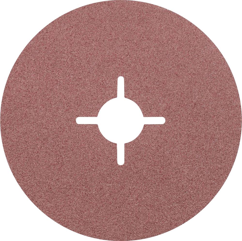 Papier de verre rond avec une fente cruciforme au centre. Adapté pour les machines à poncer. Couleur : Brun-rouge.