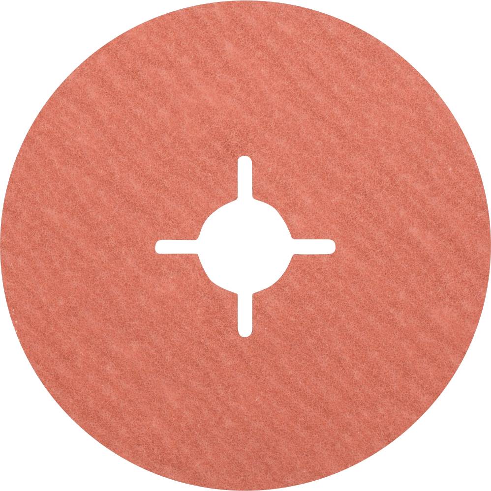 Disque abrasif rond et rouge, doté d'une ouverture centrale en croix, adapté aux applications sur machines pour le travail du bois ou des métaux.