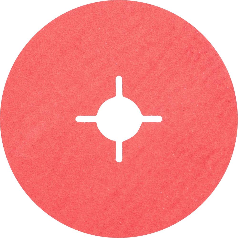 Papier de verre rond, rouge, avec un trou central en forme de croix. Souvent utilisé pour les machines de ponçage.