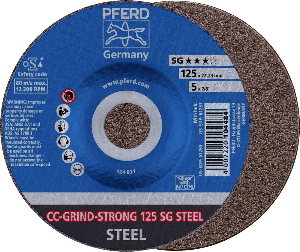 Disque à meuler de la marque 'Pferd' pour acier, diamètre 125 mm, vitesse périphérique maximale 80 m/s, 12200 tr/min. Instructions de sécurité incluses.