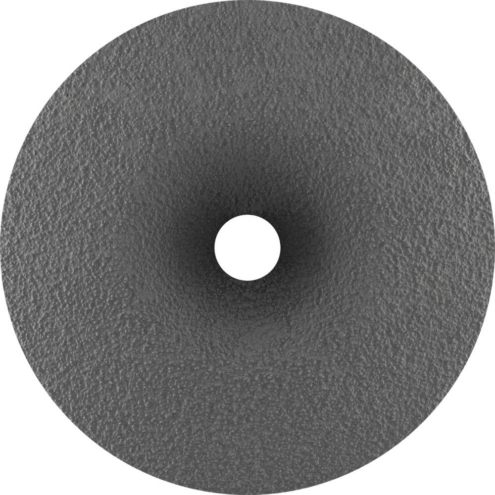 Un donut noir en textile arqué avec un grand trou central. Matériau rugueux, design épuré.