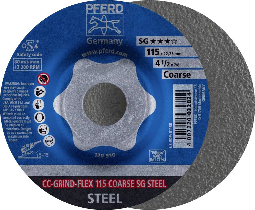 Disque à meuler pour acier, diamètre 115 mm, SG COARSE, avec alésage central. Instructions de sécurité et d'utilisation imprimées sur le disque.