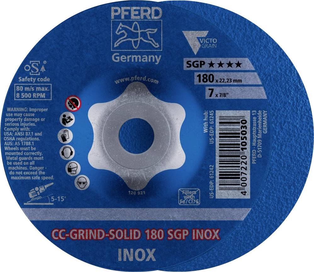 Disque à meuler de la marque 'Pferd', fond bleu, texte rouge et blanc 'CC-GRIND-SOLID 180 SGP INOX', diamètre 180 mm.