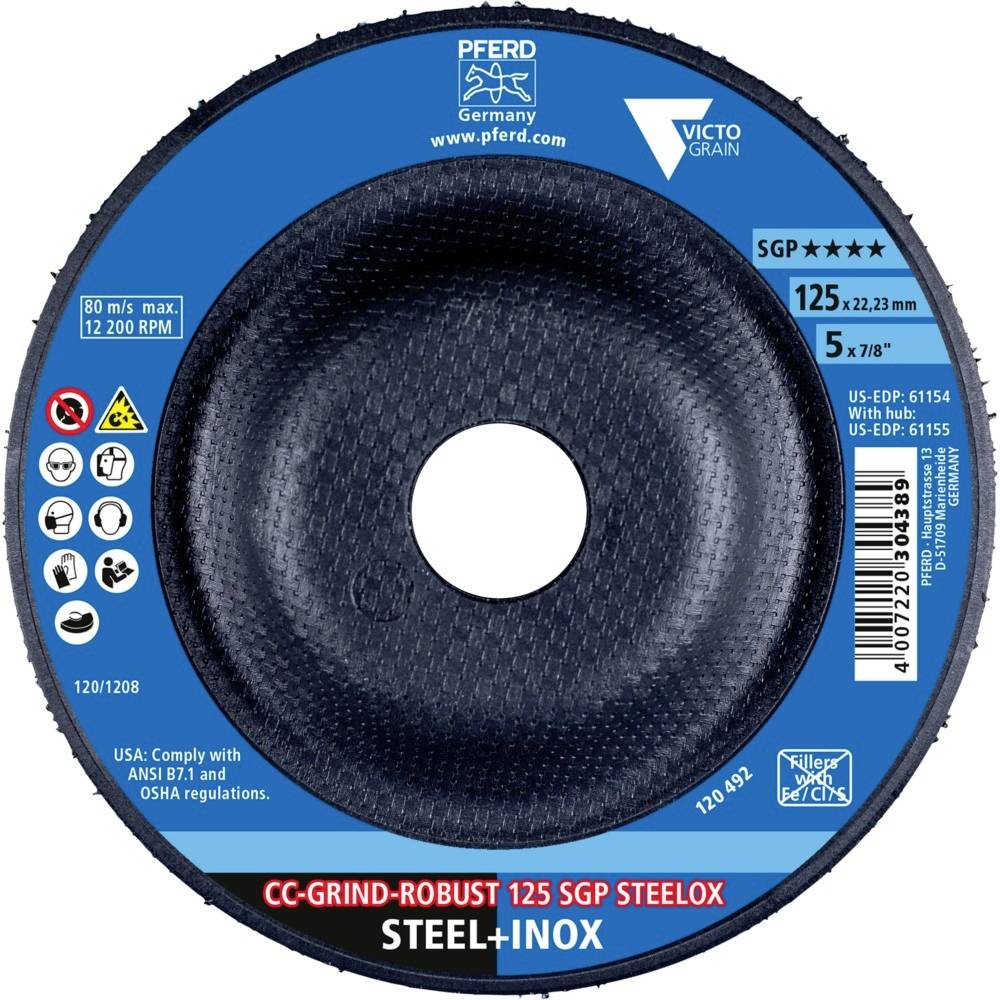 Disque à meuler portant l'inscription 'Pferd Germany', adapté pour l'acier et l'inox. Diamètre 125 mm, vitesse maximale 12 200 tr/min.