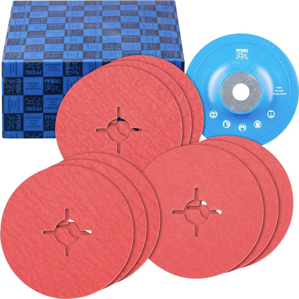 Des disques de meulage rouges et bleus à côté d'un emballage bleu à motif d'échéquier.