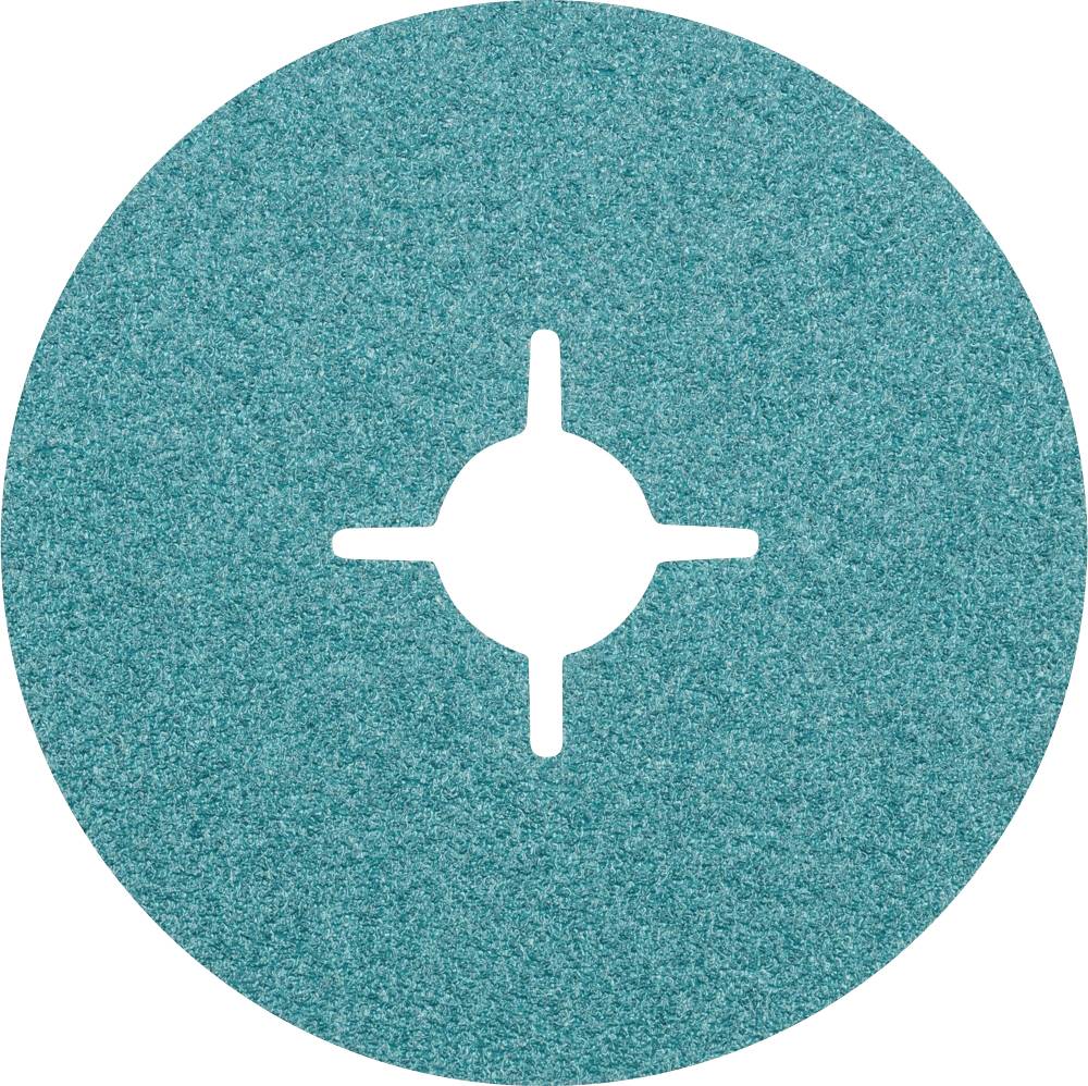 Un papier abrasif rond de couleur bleu-vert avec un trou central en croix, adapté pour les machines à poncer.