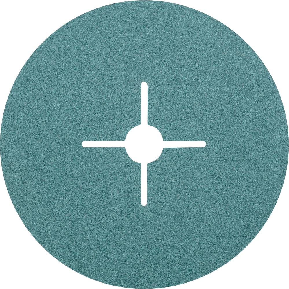 Un disque de meulage rond et vert avec un trou central et quatre petites découpes en forme de croix.