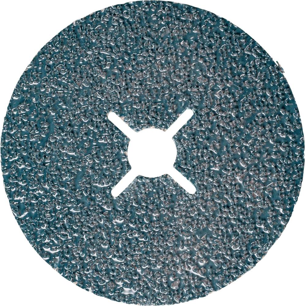 Disque abrasif en matériau bleu avec un trou central et quatre fentes étroites, adapté pour le traitement des surfaces.