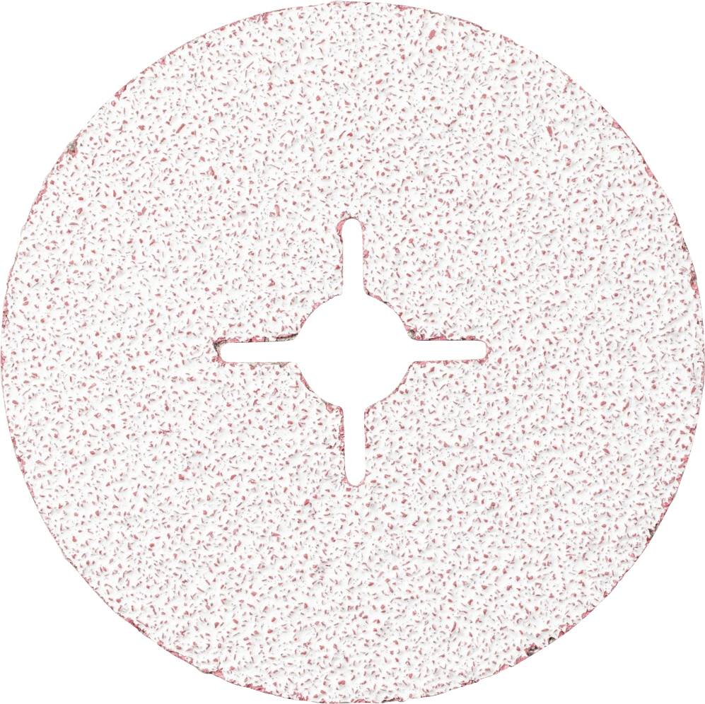 Un disque abrasif rond avec un trou cruciforme au centre, beige avec des points rouges, à utiliser avec des machines de meulage.