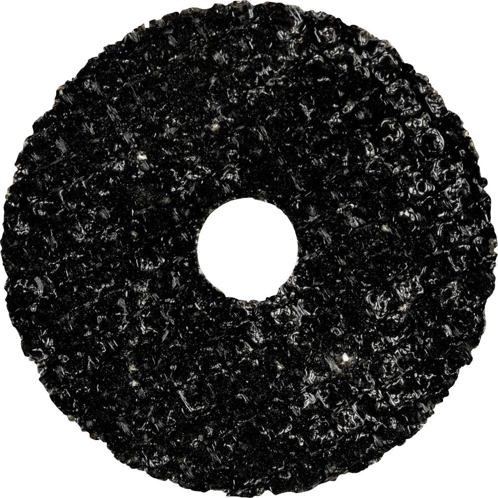 Disque de meulage noir à surface texturée et ouverture centrale, typique des travaux de meulage dans les ateliers.
