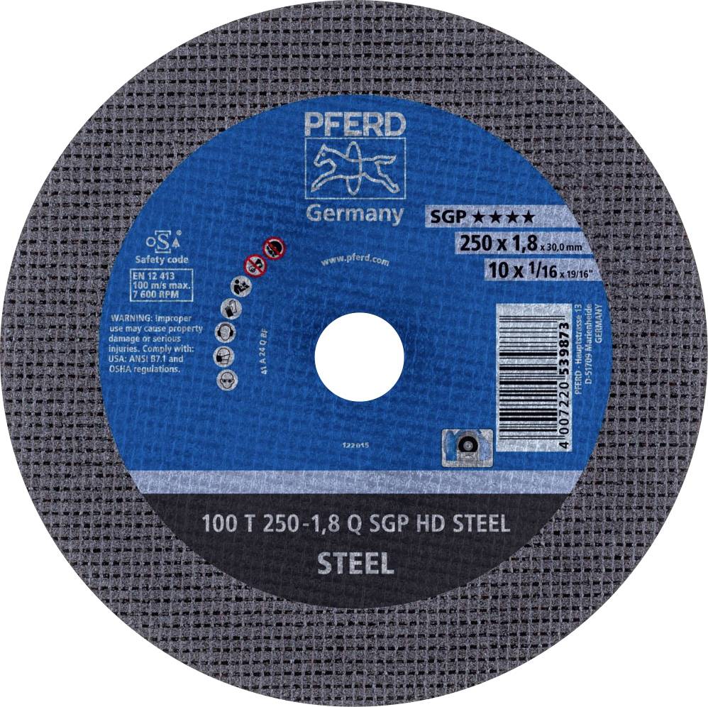 Disque de meulage en acier, marque 'Pferd', diamètre 250 mm, épaisseur 1,8 mm. Contient des avertissements de sécurité et des informations sur le produit.
