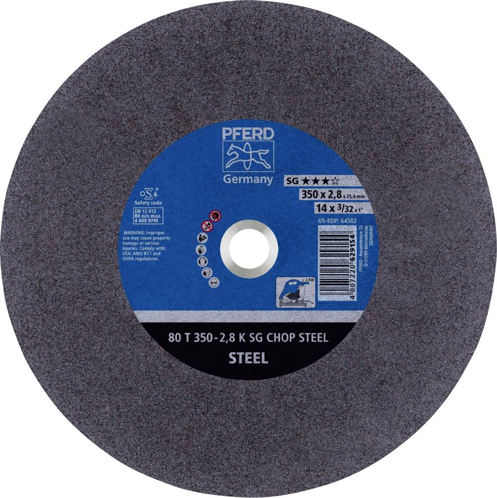 Disque à meuler de la marque 'Pferd Germany', modèle 'SG', avec étiquette bleue, pour l'usinage de l'acier. Dimensions : 350x2,8 mm.