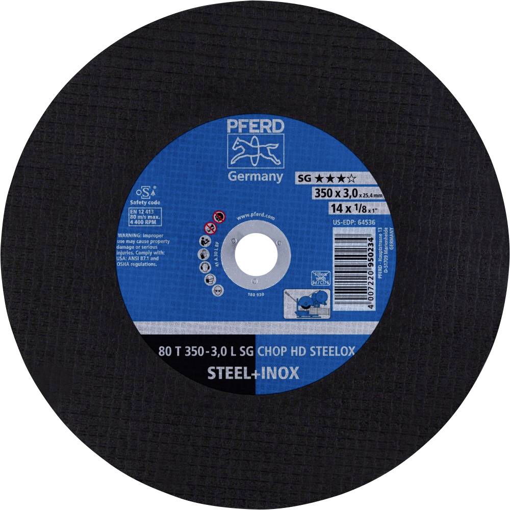 Disque de coupe noir avec centre bleu, inscription 'Pferd Germany'. Adapté pour l'acier et l'inox. Taille : 350x3,0x14 mm.