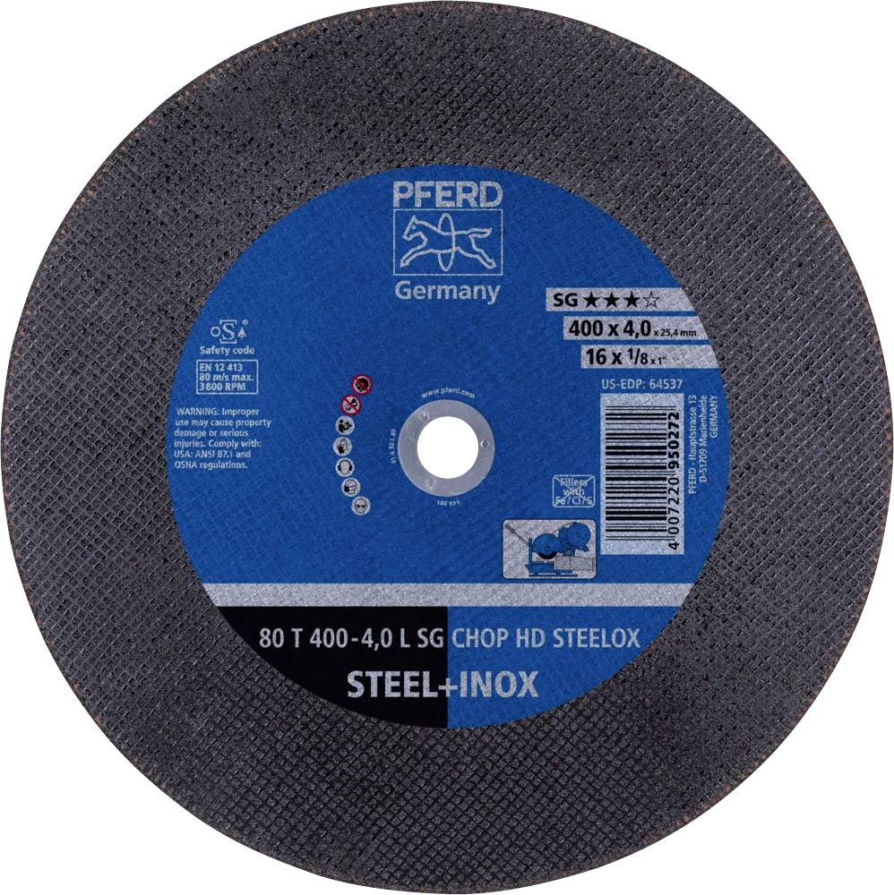 Disque abrasif rond de la marque 'Pferd', étiquette bleue avec les indications : 400x4,0 mm, adapté pour 'Steel-Inox'. Instructions de sécurité incluses.