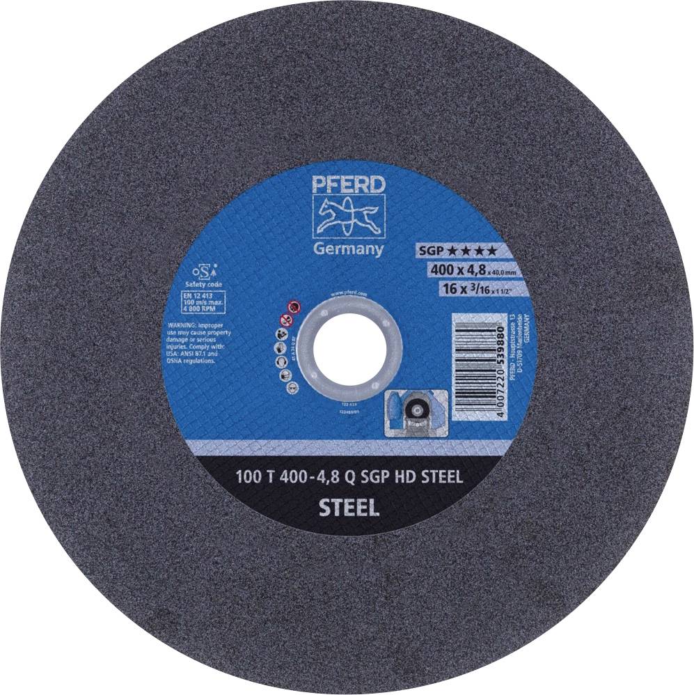 Disque à meuler de PFERD Allemagne pour le traitement de l'acier, diamètre 400 mm, épaisseur 4,8 mm, identifié SGP HD STEEL.