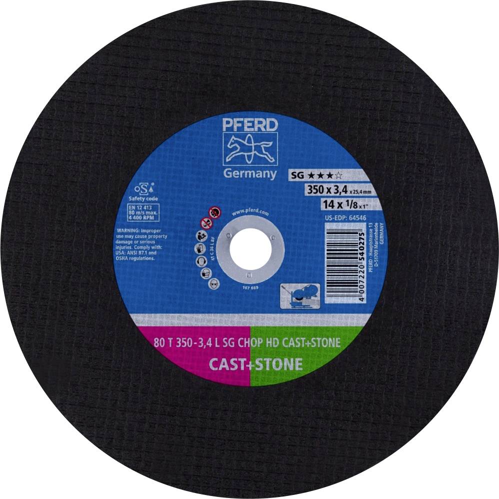 Disque à meuler de PFERD, modèle 350x3,4 mm, adapté pour l'acier, avec impression des spécifications et informations de sécurité.