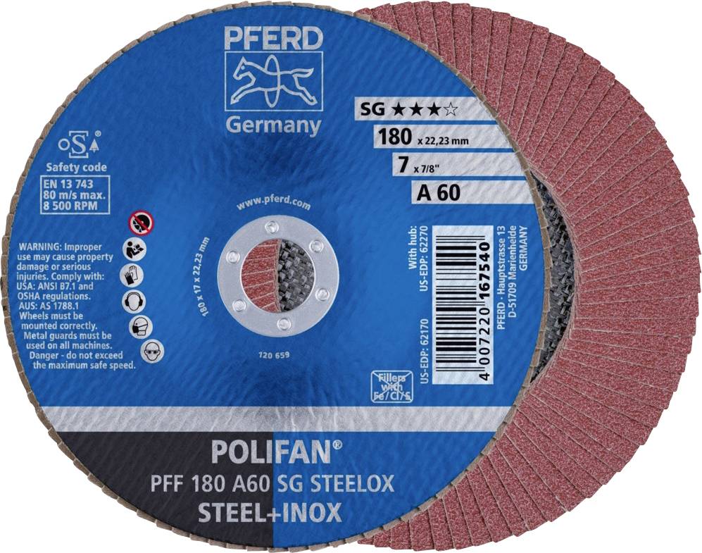Disque abrasif 'POLIFAN PFF 180 A60 SG STEELOX'. Diamètre 180 mm, coudé à 7°, marqué de sécurité pour acier et inox.
