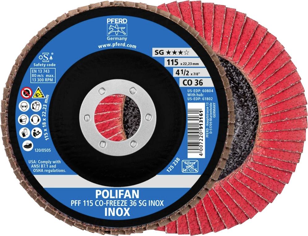 'POLIFAN PFF 115 CO-FREEZE 36 SG INOX' Disque à lamelles de PFERD, Ø 115 mm, dureté CO 36. Les détails concernant la sécurité et les normes sont indiqués.