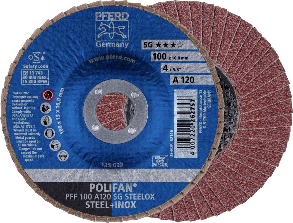 Disque abrasif à surface de meulage rouge et étiquette bleue. Inscription : « POLIFAN PFF 100 A120 SG STEELOX STEEL-IN0X ».
