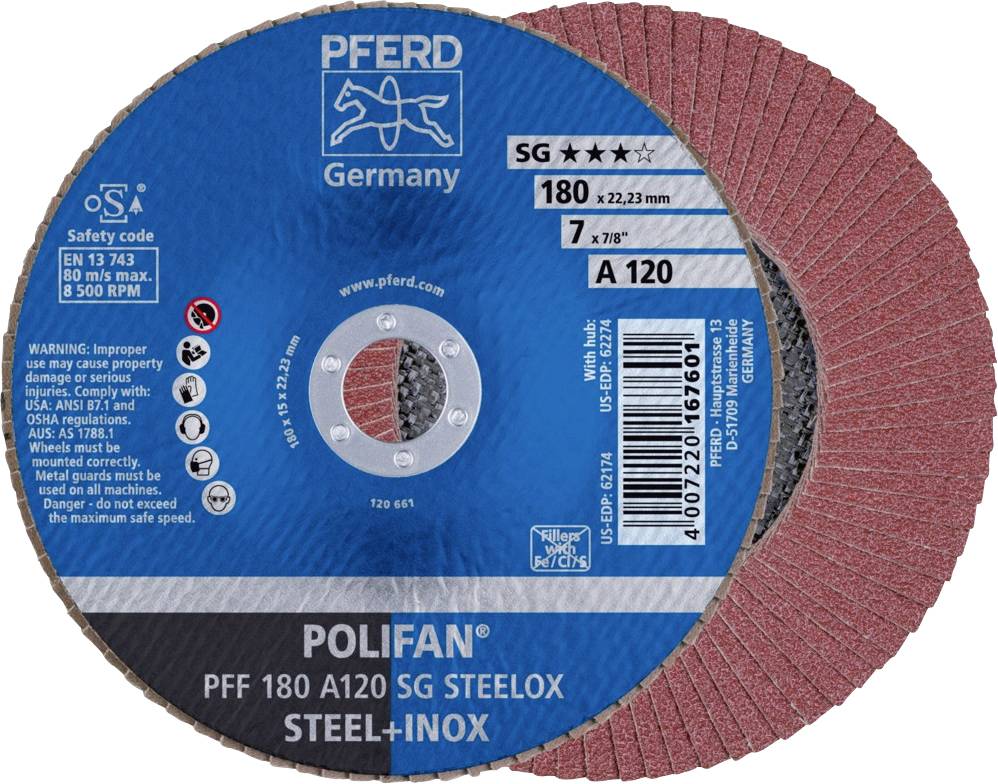 Disque à meuler de la marque PFERD Germany, modèle POLIFAN PFF 180 A120 SG STEELOX, adapté pour l'acier et l'acier inoxydable. Diamètre 180 mm.