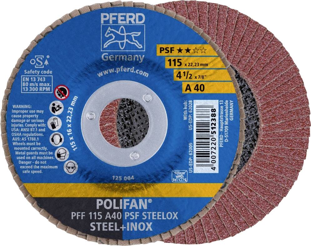 'Deux meules avec l'inscription PFERD POLIFAN PFF 115 A40 PSF Steelox STEEL-INOX, adaptées pour l'usinage de l'acier.'