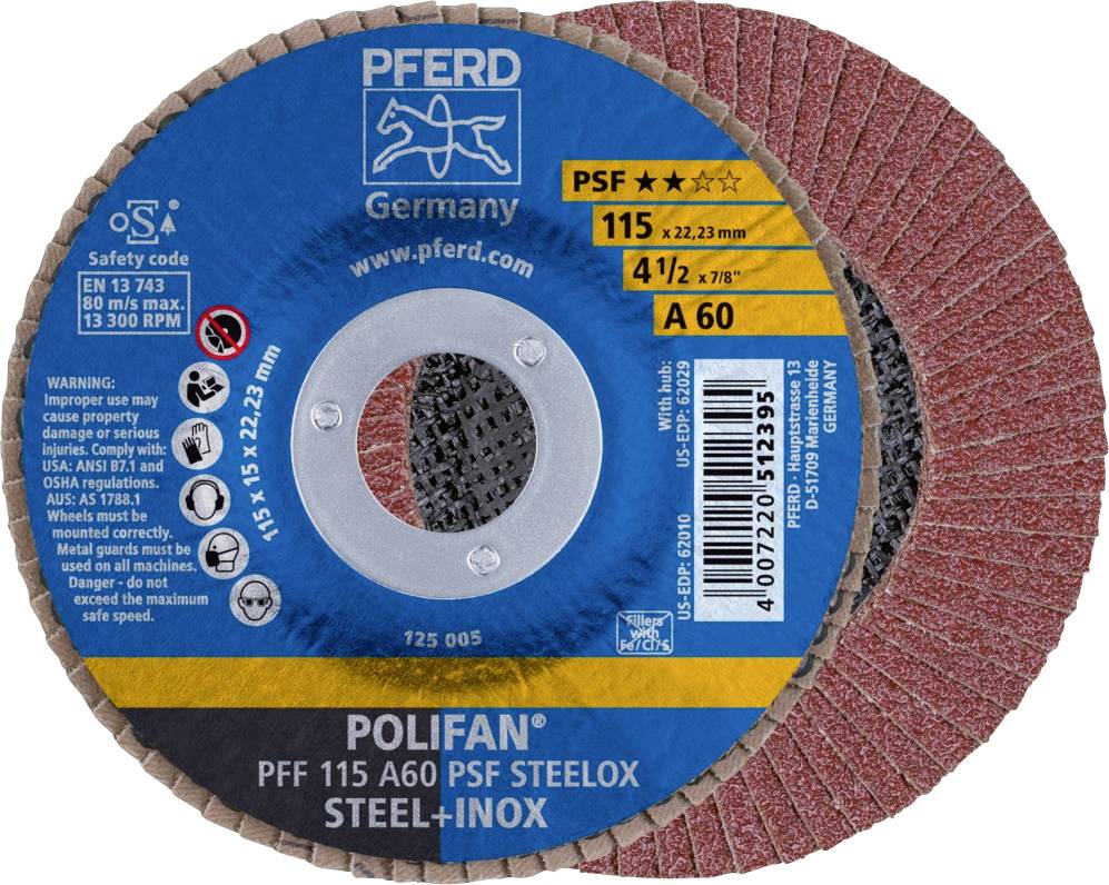 Disque à tronçonner avec étiquette bleue, marque 'PFERD', pour acier inoxydable. Taille : 115 mm, 13 300 tr/min, consignes de sécurité et d'utilisation imprimées.