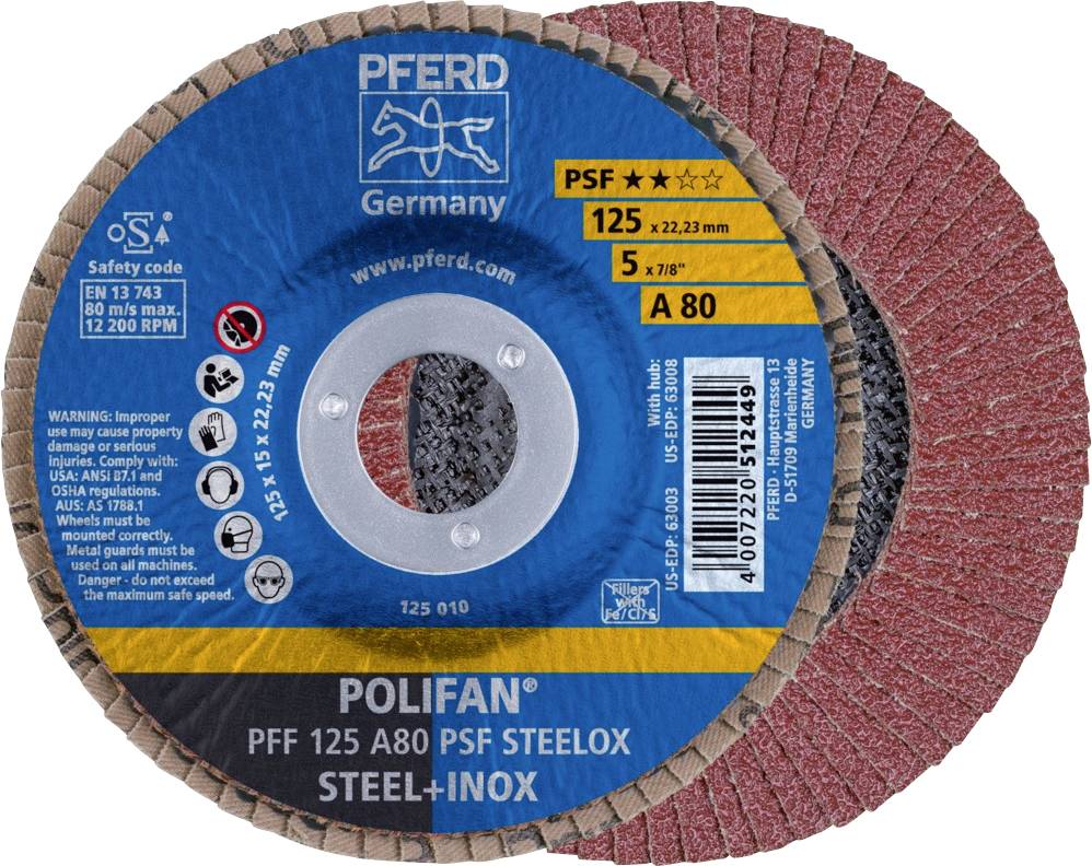 Une meule abrasive bleue de la marque PFERD, portant l'inscription 'POLIFAN PFF 125 A80 PSF STEELOX STEEL-INNOX', adaptée pour l'usinage des métaux.