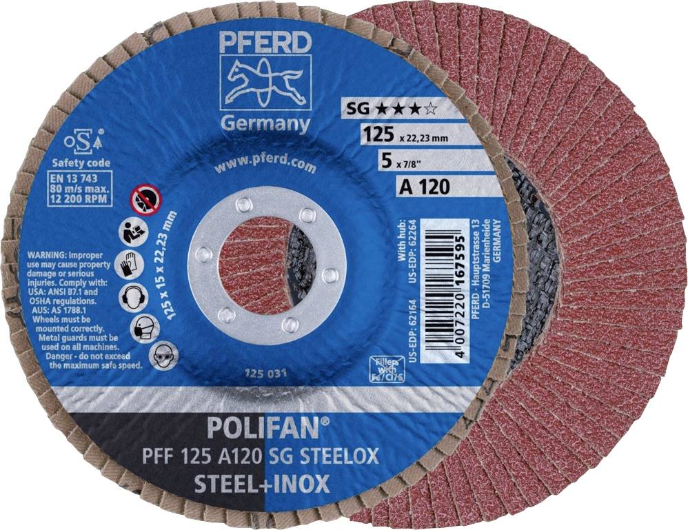 Disque à meuler 'Pferd Polifan' pour acier et inox, diamètre 125 mm, max. 12.200 tr/min. L'emballage indique les consignes de sécurité et les informations sur le produit.