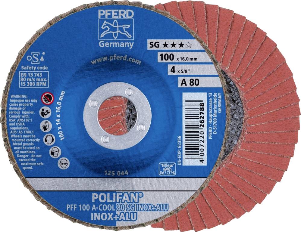 Disque à meuler de la marque PFERD, modèle POLIFAN PFF 100 A-COOL 80 SG INOX-ALU, diamètre 100 x 16 mm, adapté pour l'acier inoxydable.