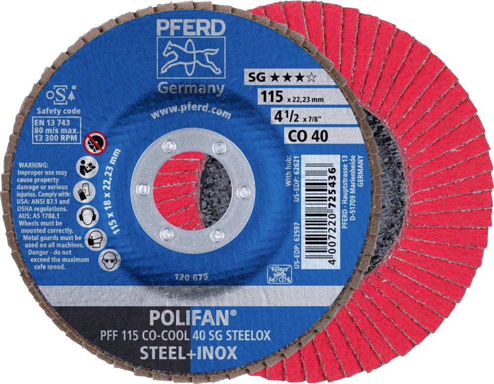 Disque abrasif 'POLIFAN PFF 115 CO-COOL 40 SG' pour acier et acier inoxydable, diamètre 115 mm, présenté sur support rouge.