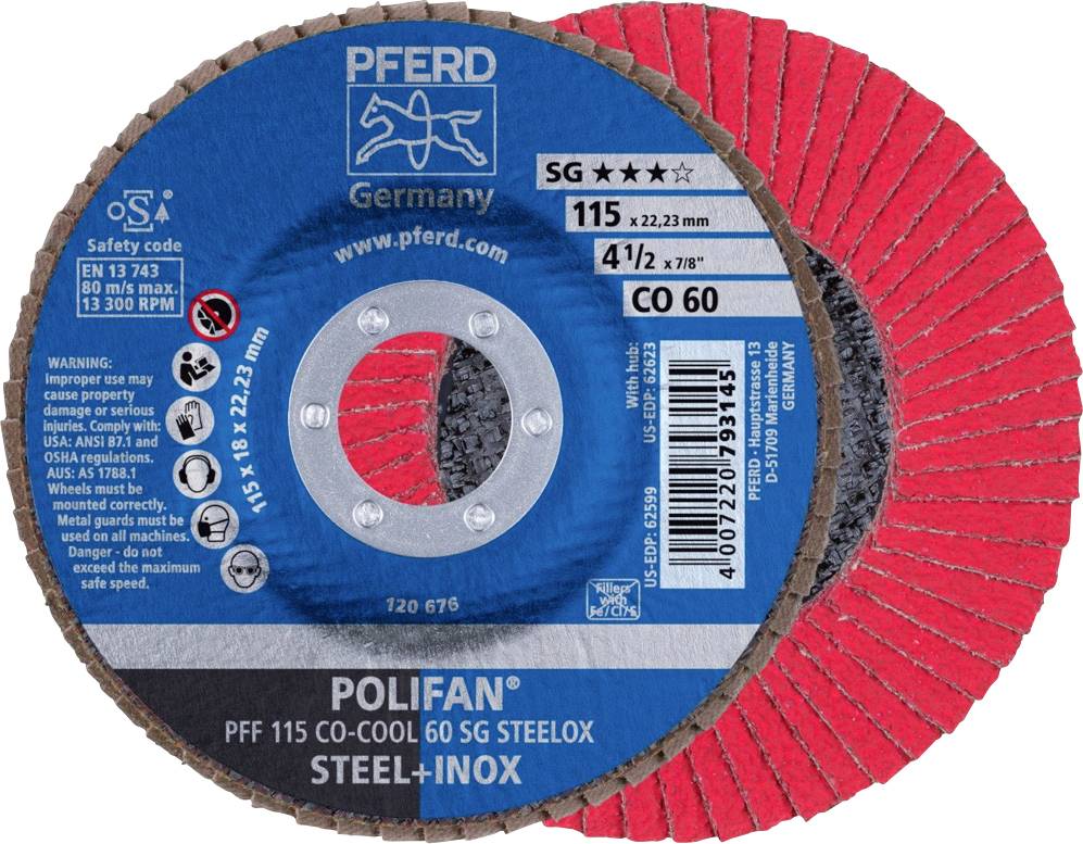 'POLIFAN PFF 115 CO-COOL 60 SG STEELOX' Disque à lamelles de PFERD Allemagne. Pour acier et inox, diamètre 115 mm. Vitesse de rotation maximale : 13300 tr/min.