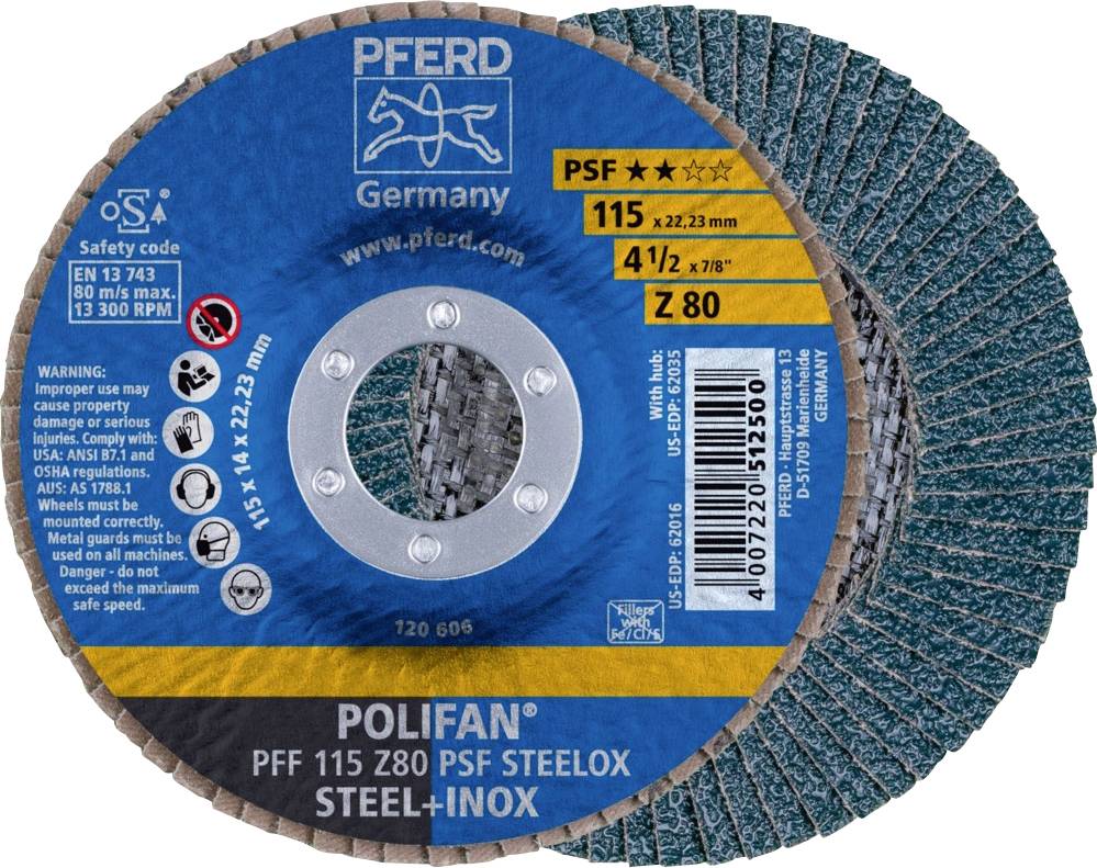 Disque à tronçonner avec étiquettes bleues portant l'inscription 'POLIFAN PFF 115 Z80 PSF STEELOX'. Adapté pour l'usinage de l'acier, Ø 115 mm.
